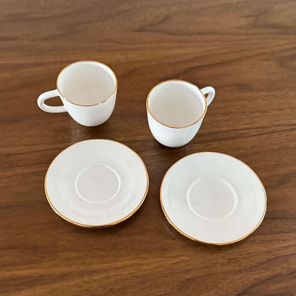 Sezane White Porcelain Espresso Cups & Saucers with Gold Trim